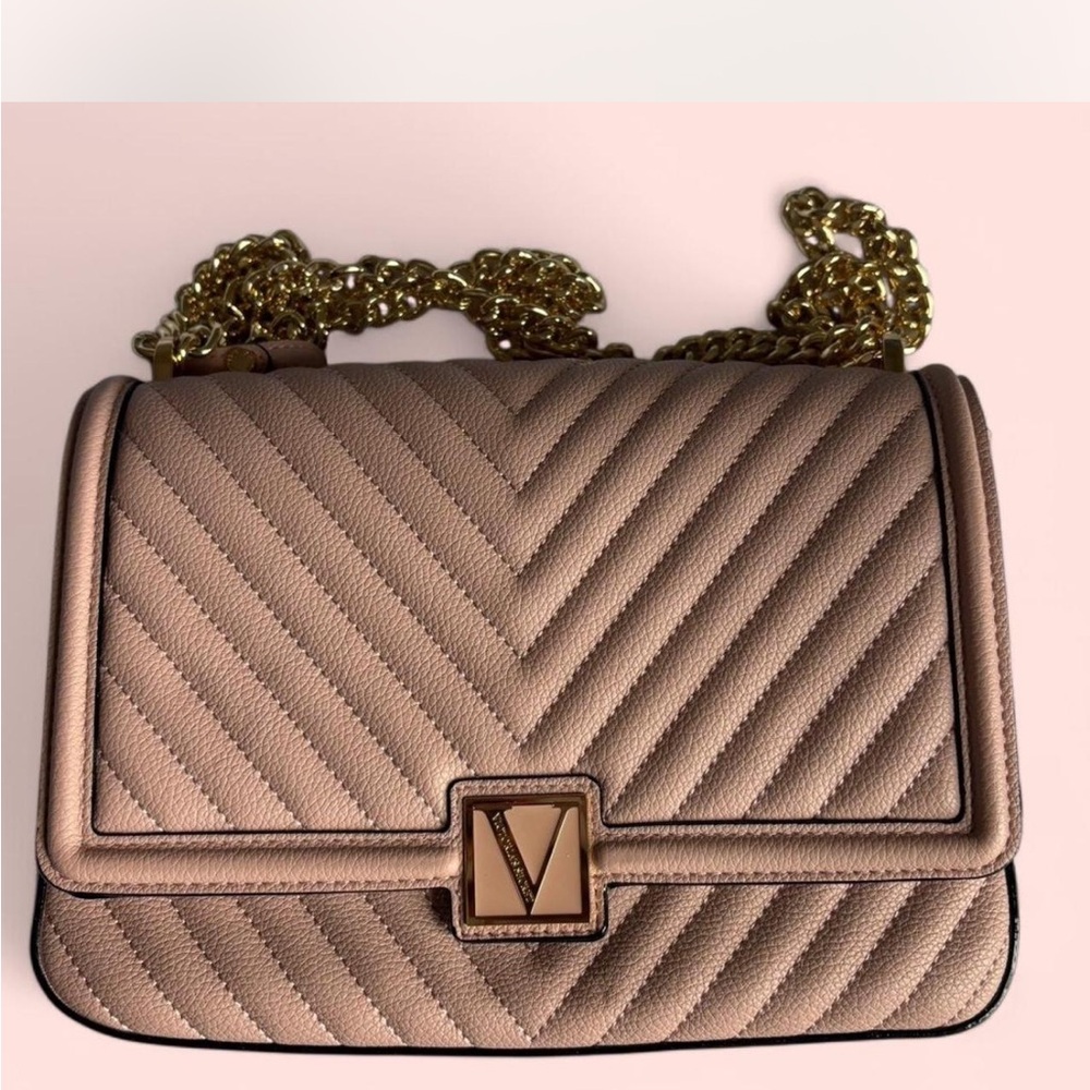 V-Emblem Quilted Tan Shoulder Bag